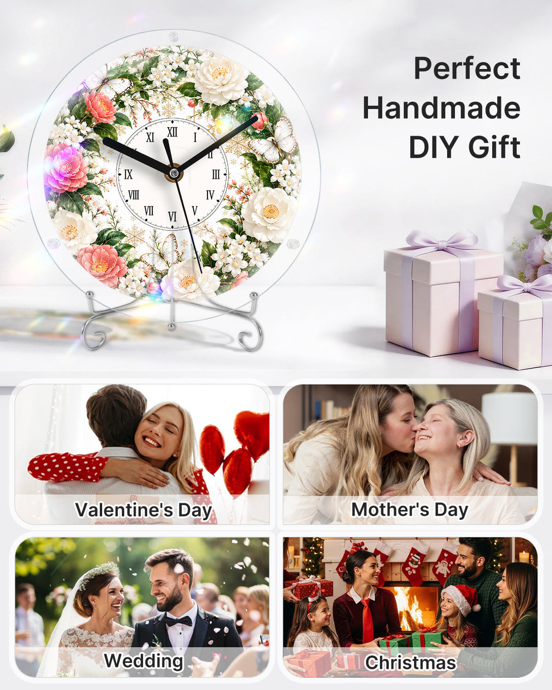 DIY Acrylic Puzzle Clock Kit - Pink White Roses