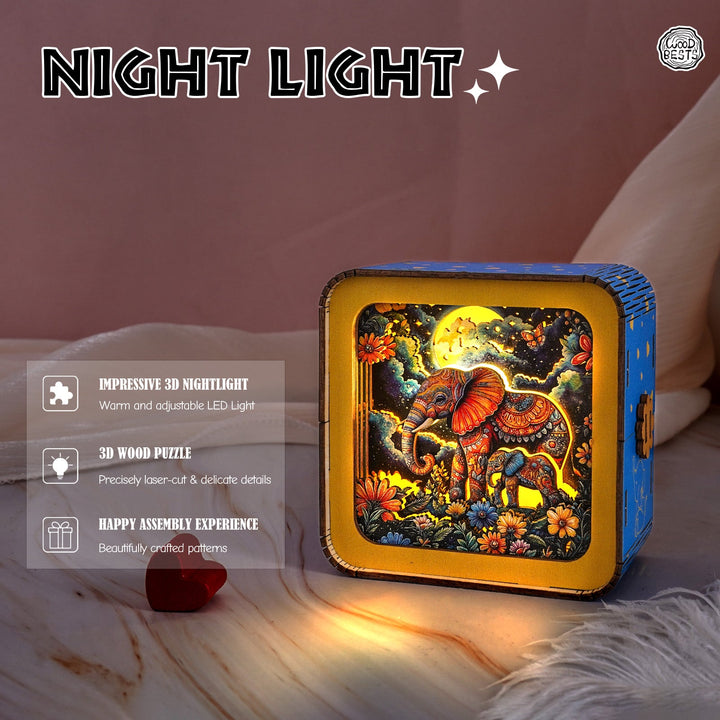 Elephant Family Under The Moon Kit- 3D Wooden Puzzle Night Light
