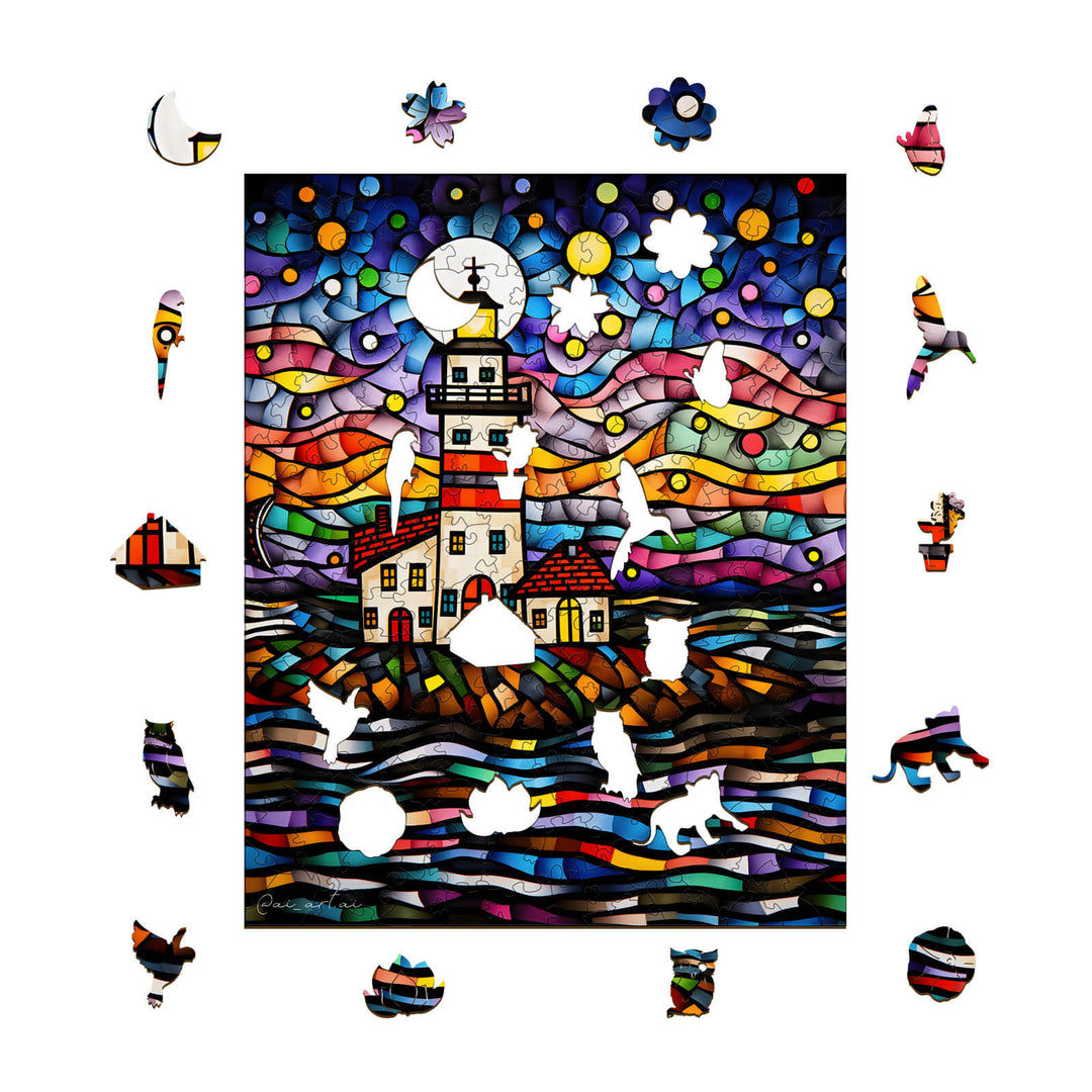 Colorful puzzle artwork of a lighthouse by artist Pietro Gallo, featuring abstract shapes and vibrant colors.