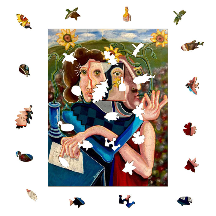Abstract artwork 'The Bucket List' by Dylan Gill featuring whimsical figures and vibrant colors.