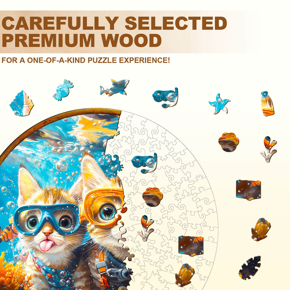 Diving Cats Wooden Jigsaw Puzzle pieces with colorful illustrations, featuring premium wood for a unique puzzle experience.
