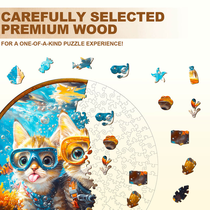 Diving Cats Wooden Jigsaw Puzzle pieces with colorful illustrations, featuring premium wood for a unique puzzle experience.