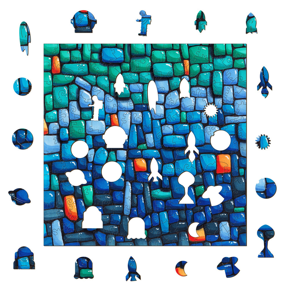 Colorful puzzle pieces in blue and green tones, featuring rocket and abstract shapes on a textured background.