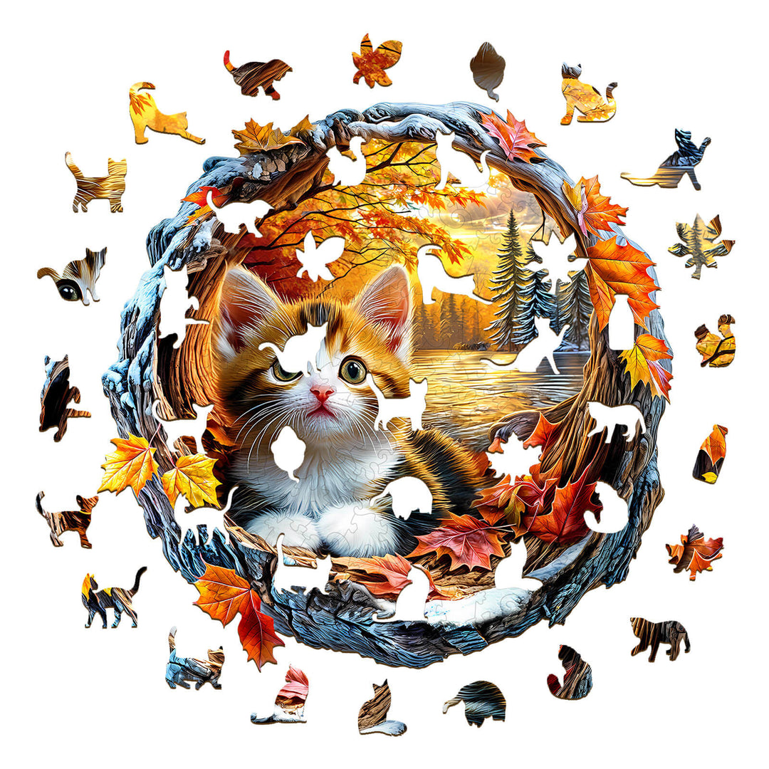 3D Kitten in Autumn Wooden Jigsaw Puzzle - Woodbests