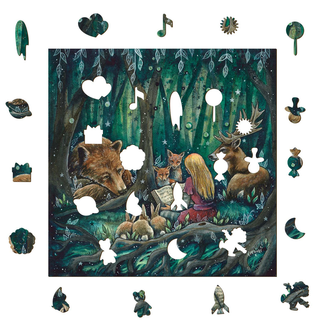 The Storyteller art by Kathryn Fedora featuring animals and a girl reading in a vibrant forest setting.