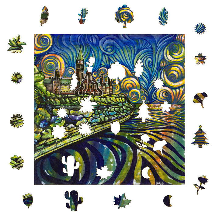 Parliament Glow artwork by Sarah Bradfield featuring vibrant colors and puzzle pieces surrounding the central image.