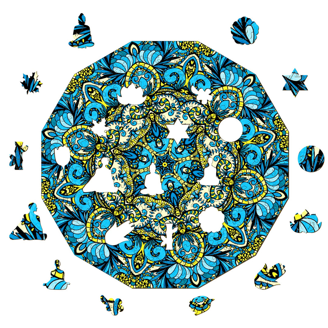 Doodle art by Lori Anne McKague featuring intricate blue and yellow patterns, perfect for home decor enthusiasts.