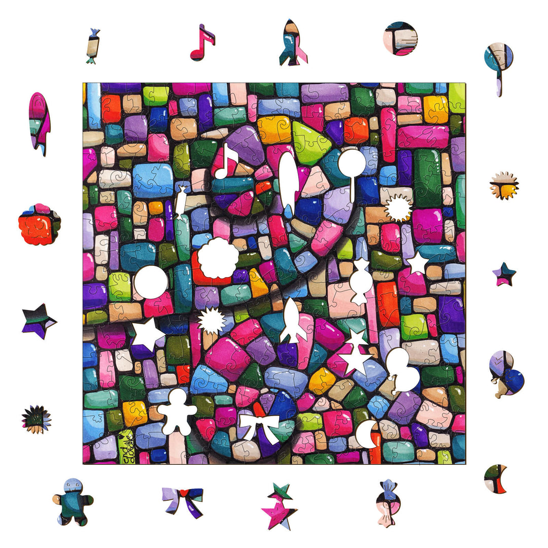 Colorful puzzle art featuring whimsical shapes and vibrant colors by artist Erin Desjardine. Perfect for adding creativity to any space.
