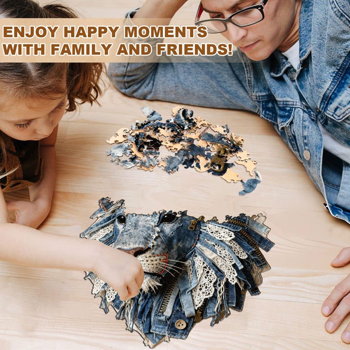 Denim Fabric Lion Wooden Jigsaw Puzzle