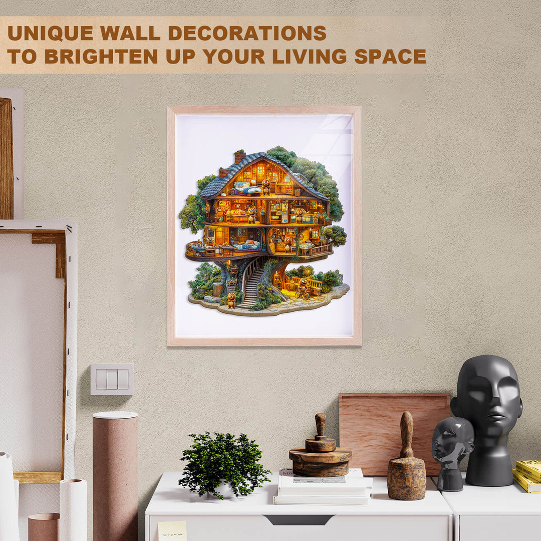 Artistic display of a Bear House wooden jigsaw puzzle framed on a wall, enhancing living space decor.