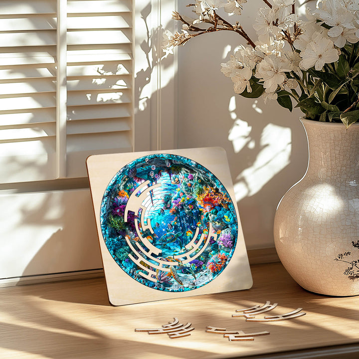 Colorful Blue Ocean maze puzzle on a wooden base, surrounded by decorative flowers, perfect for improving focus and cognitive skills.