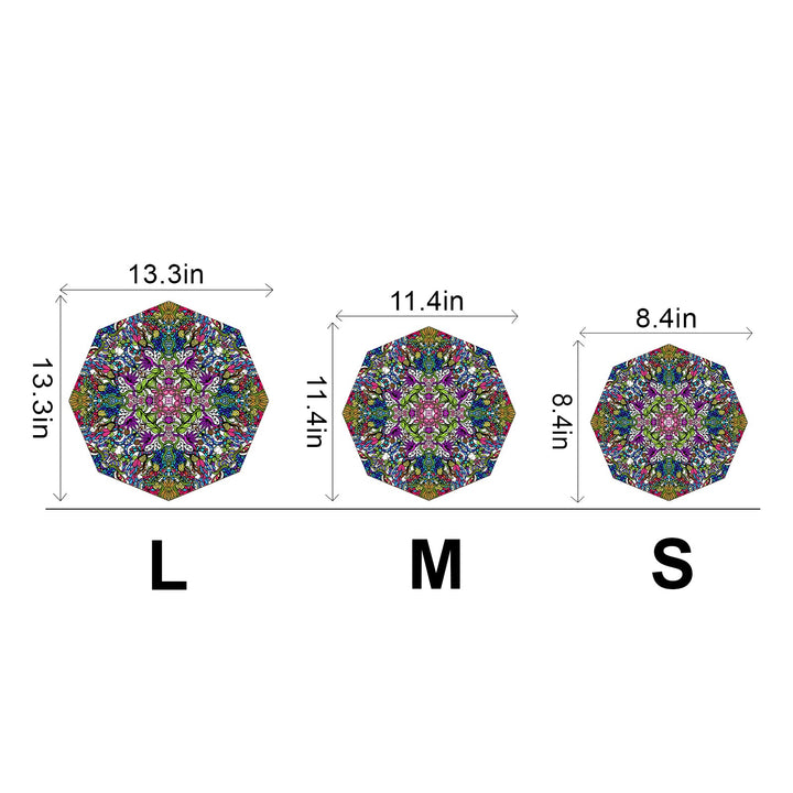 Colorful doodle art octagons in three sizes: L (13.3in), M (11.4in), S (8.4in) showcasing vibrant design by Lori Anne McKague.