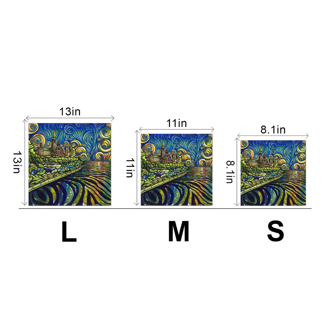 Parliament Glow by Sarah Bradfield, showcasing different sizes: Large (13x13in), Medium (11x11in), Small (8.1x8.1in).