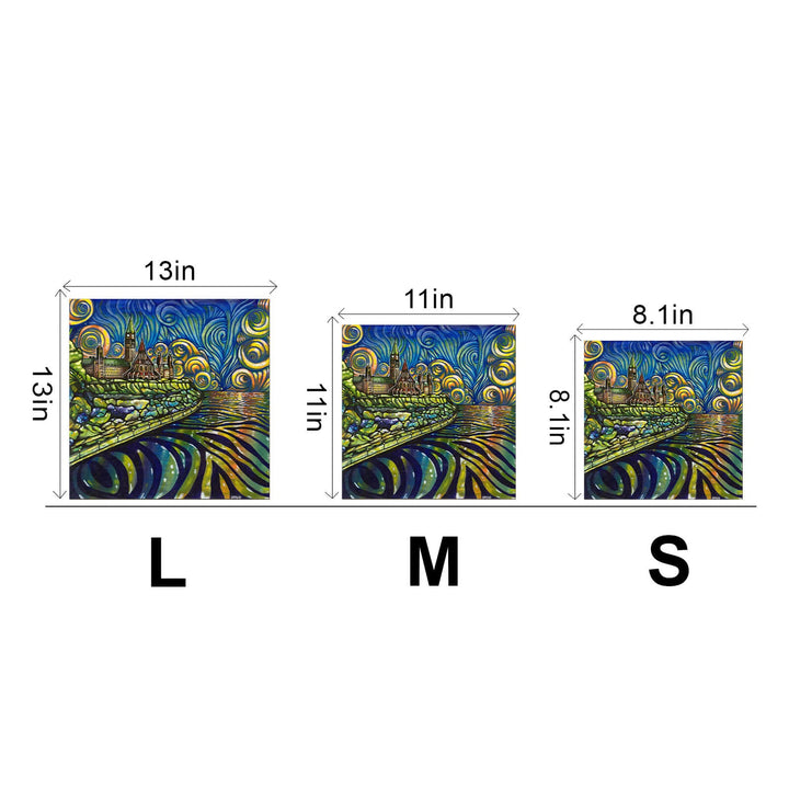 Parliament Glow by Sarah Bradfield, showcasing different sizes: Large (13x13in), Medium (11x11in), Small (8.1x8.1in).