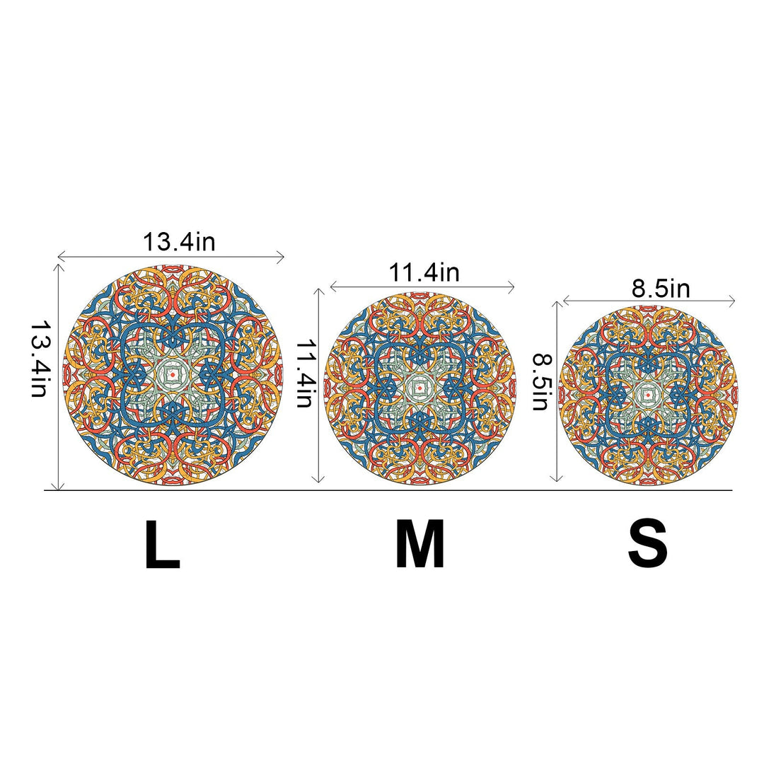 Mandala Celtic Chaos by Lori Anne McKague in three sizes: Large 13.4in, Medium 11.4in, and Small 8.5in decorative art pieces.