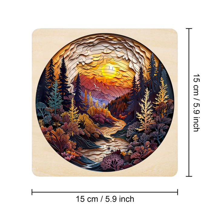 Maze Puzzles¡ªAutumn Forest art; intricate layered design featuring a sunset over a forest landscape.