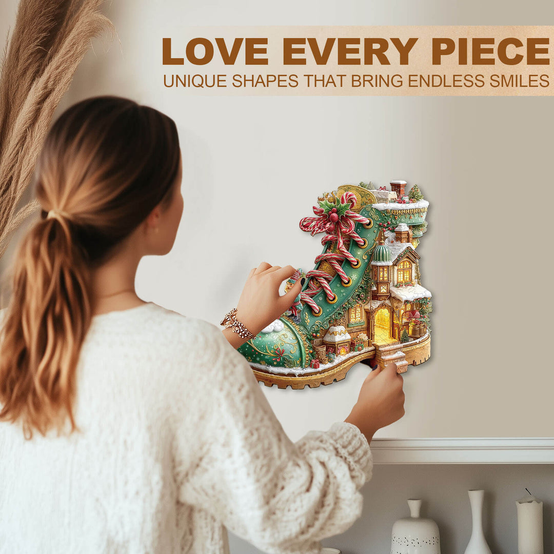 Christmas snow Boot Hut Wooden Jigsaw Puzzle