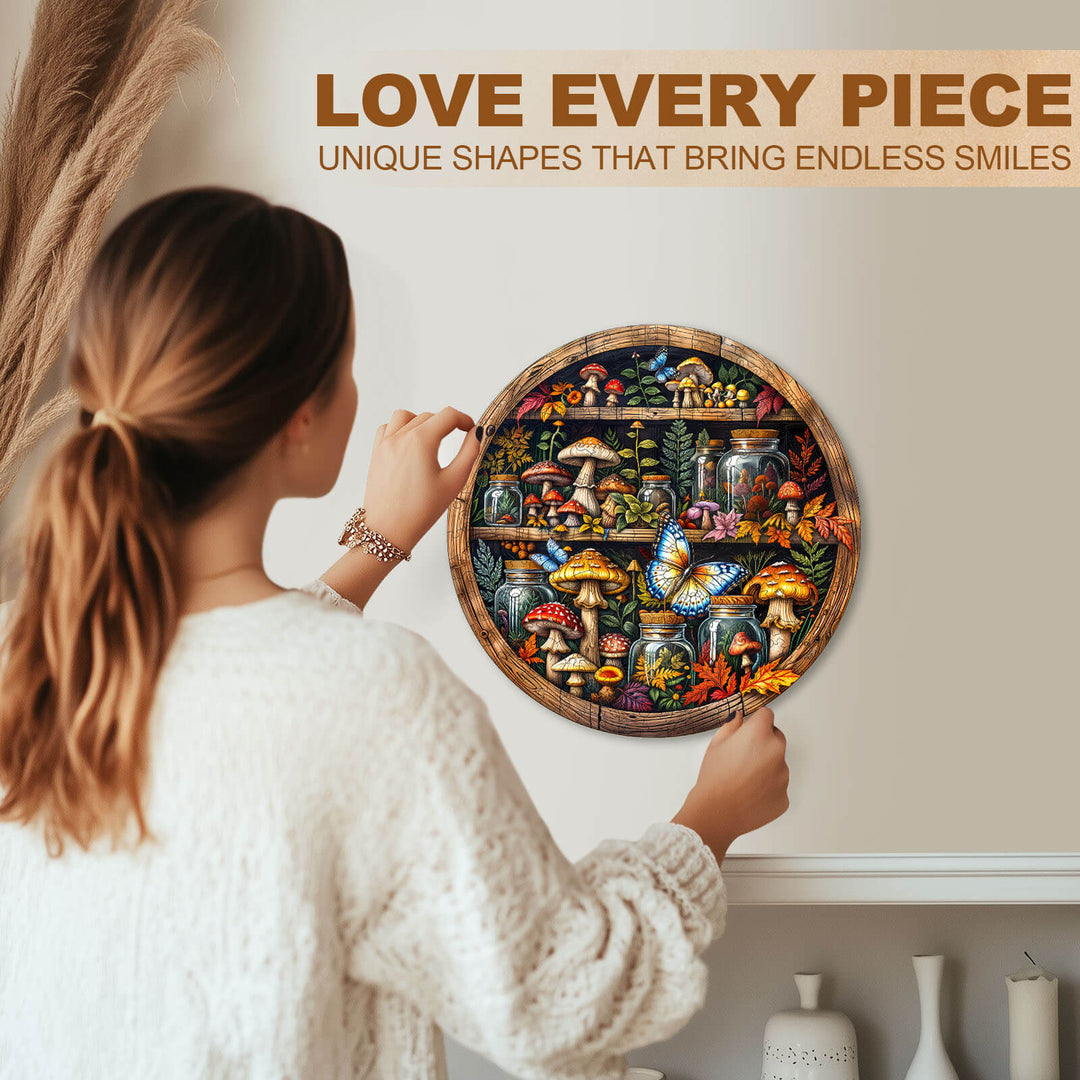 Wooden jigsaw puzzle of colorful mushrooms, perfect for enhancing focus and creativity during puzzle-solving.