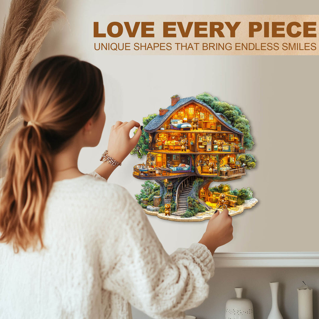 A woman engaging with the Bear House wooden jigsaw puzzle, showcasing its unique pieces and intricate design.