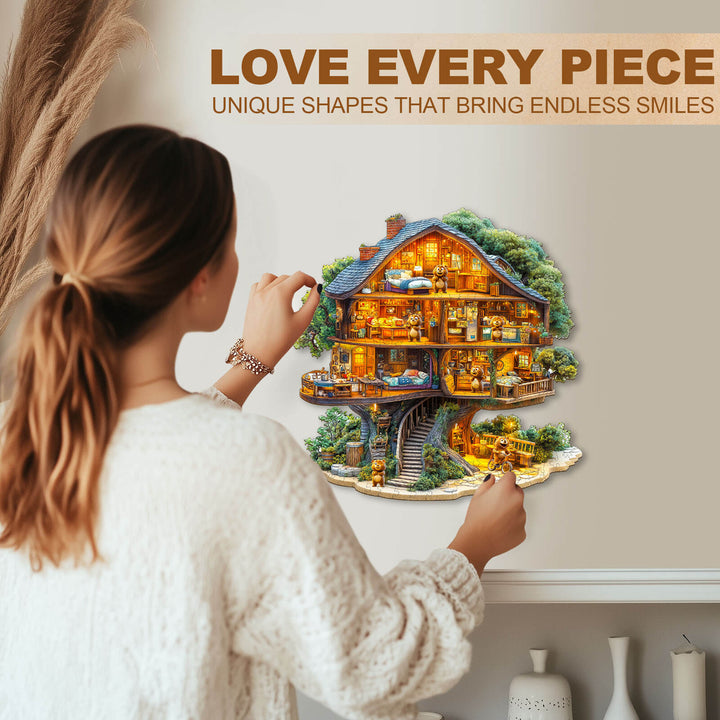 A woman engaging with the Bear House wooden jigsaw puzzle, showcasing its unique pieces and intricate design.