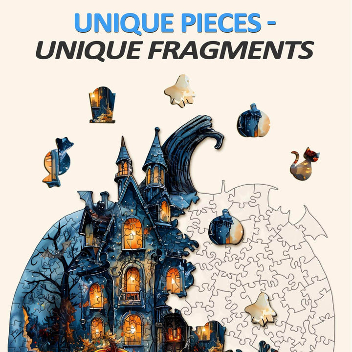 Halloween Pumpkin jigsaw puzzle pieces featuring a spooky castle and unique fragments for mindful gaming.